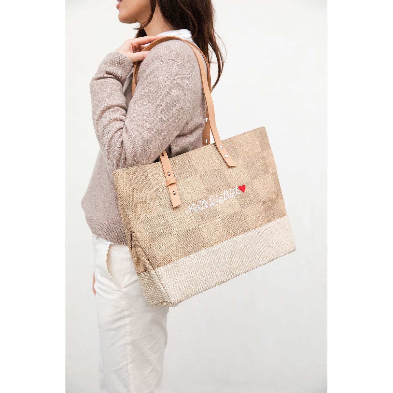 Shoulder Market Bag  in Checker with Embroidery